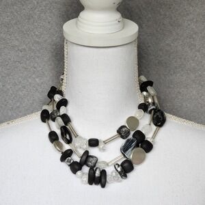 Chico's Statement Choker Necklace 3 Layer Black Silver Frosted 15"‎ Adjustable